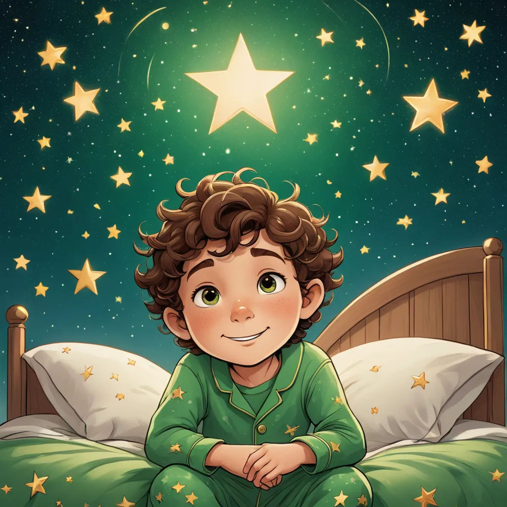 a boy sitting on a bed with a star above him and a green night sky with stars above him, space art, a storybook illustration, Diego Gisbert Llorens, stars