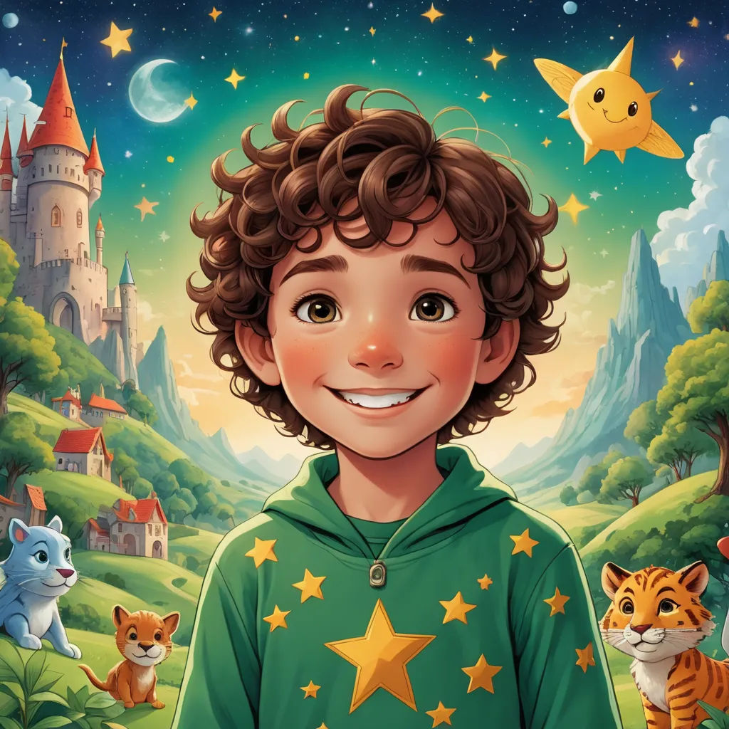 a boy in a green hoodie with a star on his shirt and a cat and a castle in the background, magical realism, a storybook illustration, Aaron Jasinski, comic cover art