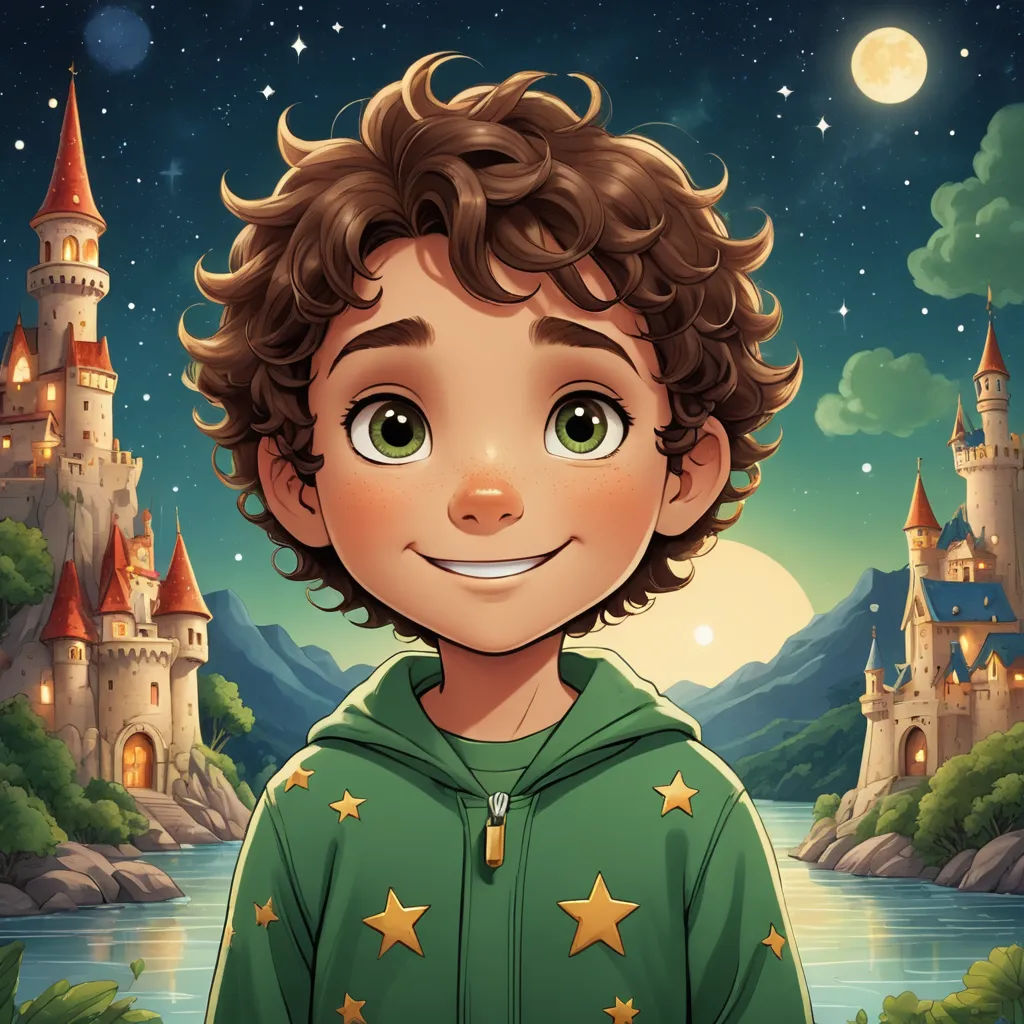 a boy in a green hoodie standing in front of a castle with a lake and stars in front of it, fantasy art, a character portrait, Cliff Childs, kinkade
