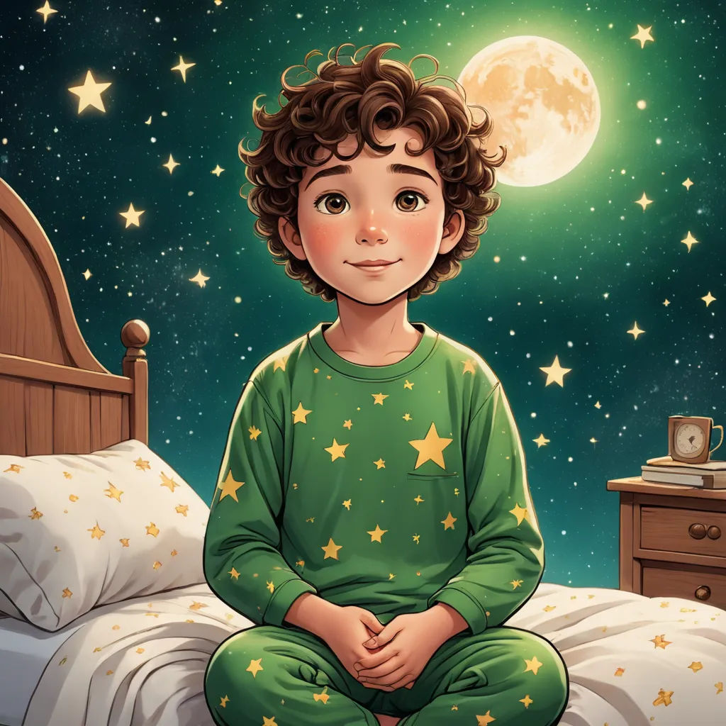 a boy sitting on a bed with stars on the night sky and a full moon in the background with stars, space art, a storybook illustration, Diego Gisbert Llorens, storybook illustration