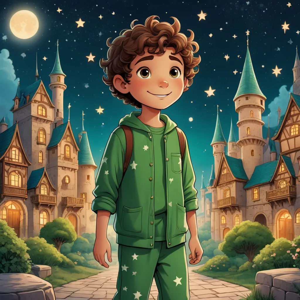 a boy in a green jacket standing in front of a castle with stars and a moon in the sky, fantasy art, a storybook illustration, Diego Gisbert Llorens, storybook illustration