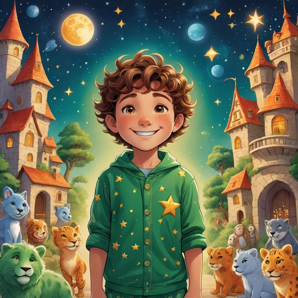 a boy in a green shirt standing in front of a castle with cats and a full moon in the sky, fantasy art, a storybook illustration, Diego Gisbert Llorens, comic cover art