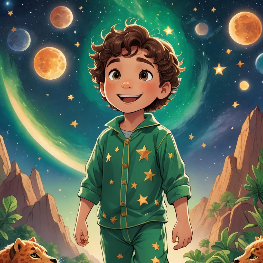 a boy in a green pajamas standing in front of a mountain and a bear in the background with a full moon and stars above him, space art, a storybook illustration, Diego Gisbert Llorens, comic cover art