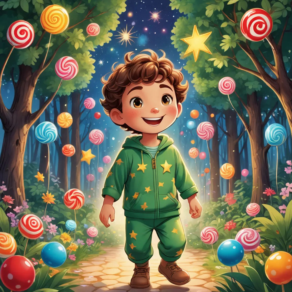 a boy in a green suit is standing in the woods with lollipops and stars around him, fantasy art, a storybook illustration, Diego Gisbert Llorens, storybook illustration