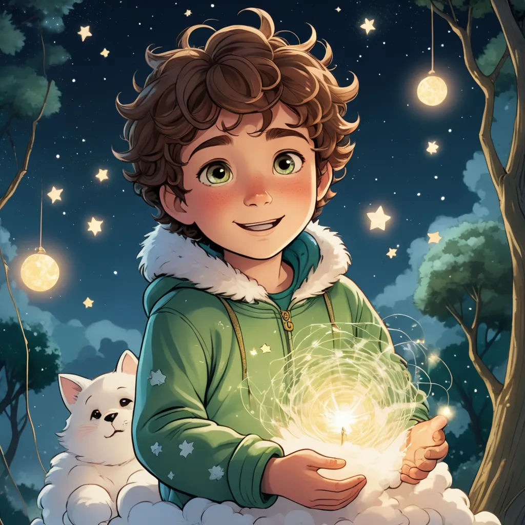 a boy in a green sweater holding a white cat in a forest at night with stars and moon above, fantasy art, a storybook illustration, Diego Gisbert Llorens, rossdraws global illumination
