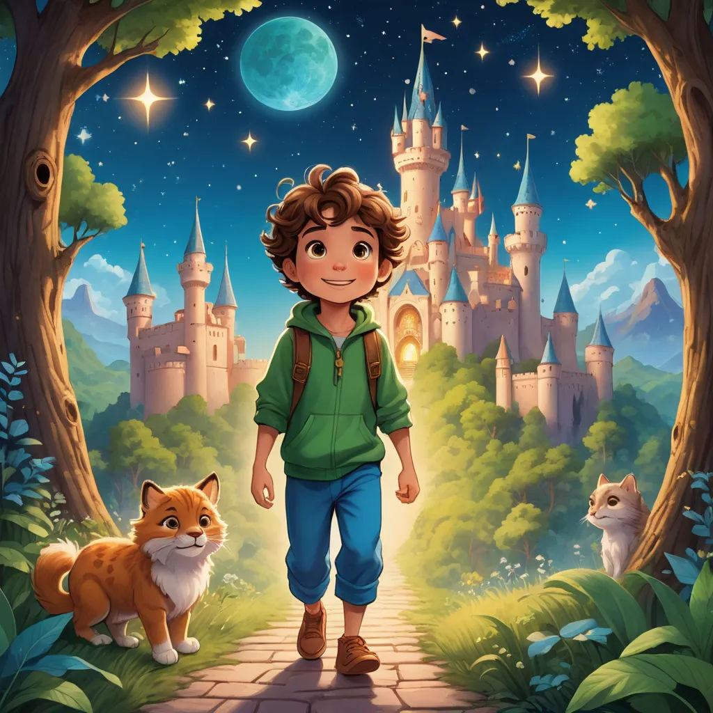 a boy is walking through a forest with a fox and a castle in the background with a full moon, fantasy art, a storybook illustration, Aaron Jasinski, rossdraws global illumination