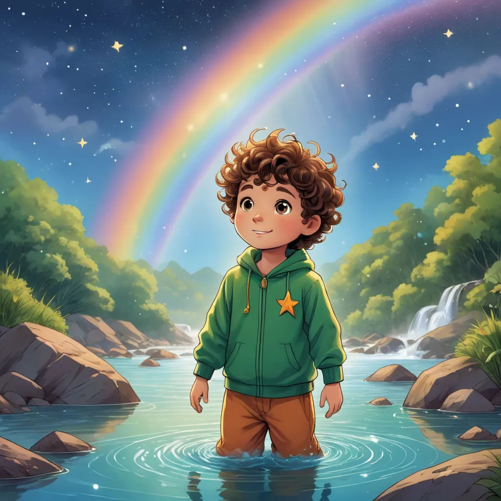 a boy standing in a river with a rainbow in the background and a waterfall in the foreground with rocks and grass, fantasy art, a storybook illustration, Diego Gisbert Llorens, storybook illustration