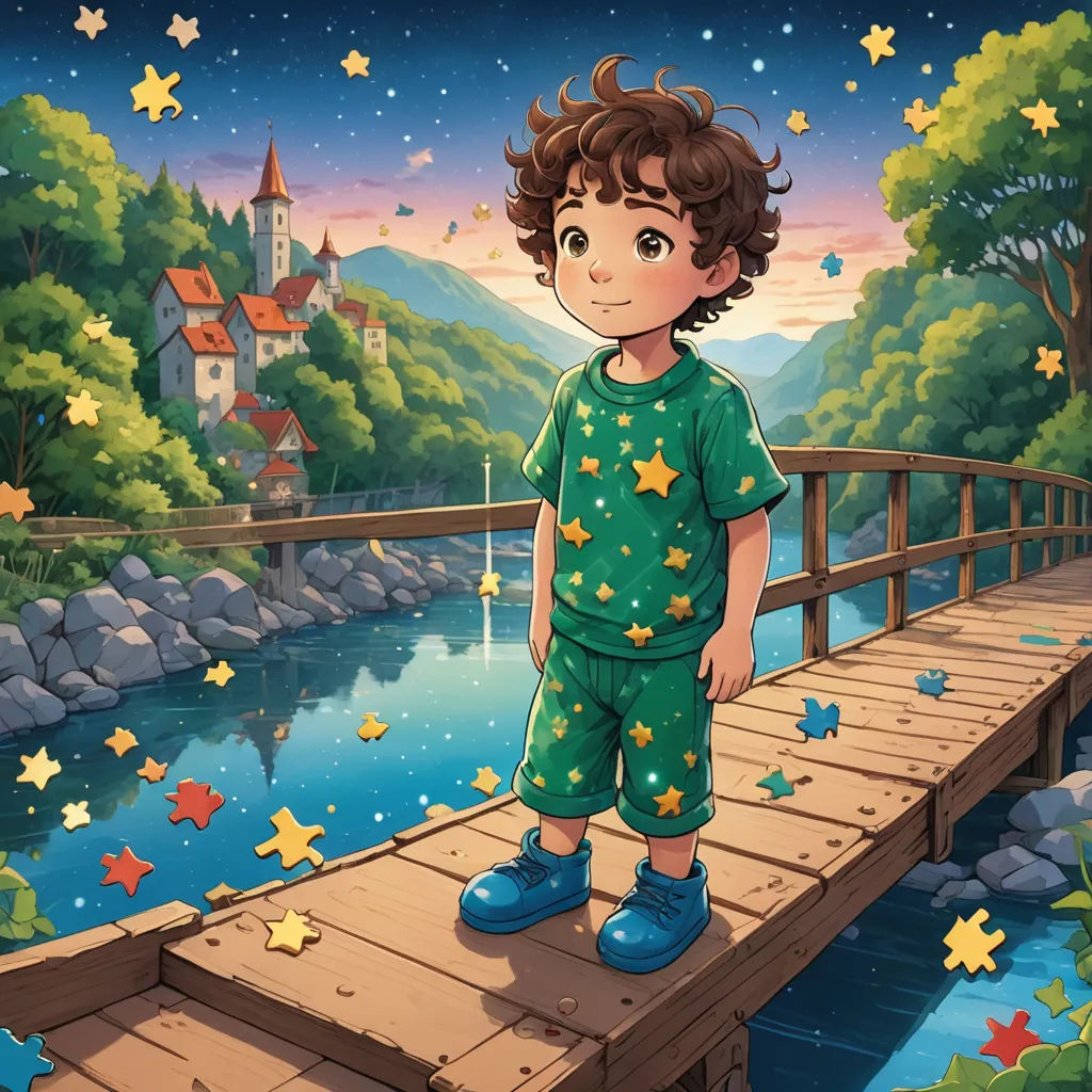 a boy standing on a bridge over a river with stars on it and a castle in the background with a bridge over water, fantasy art, a storybook illustration, Diego Gisbert Llorens, storybook illustration