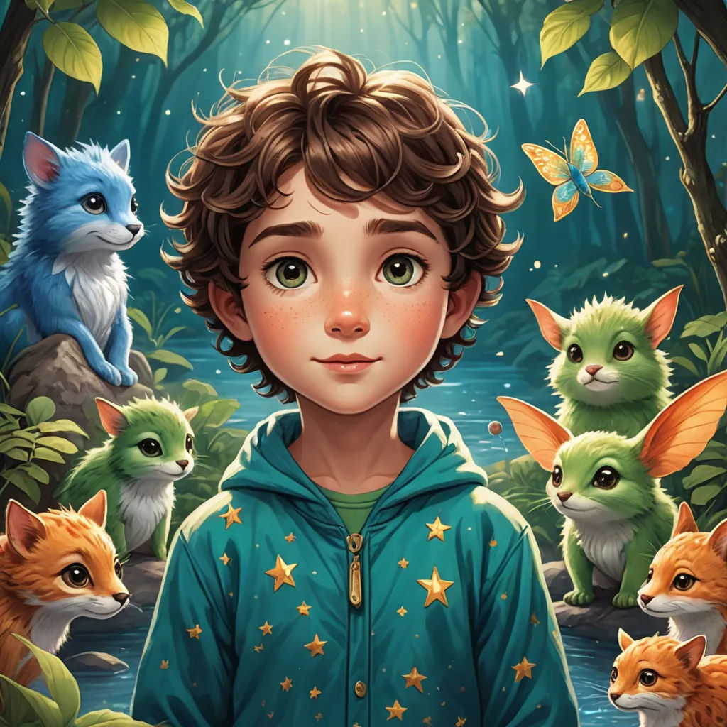 a boy standing in front of a forest filled with animals and a forest scene with a forest scene with a boy surrounded by forest animals, fantasy art, a storybook illustration, Diego Gisbert Llorens, highly detailed digital painting