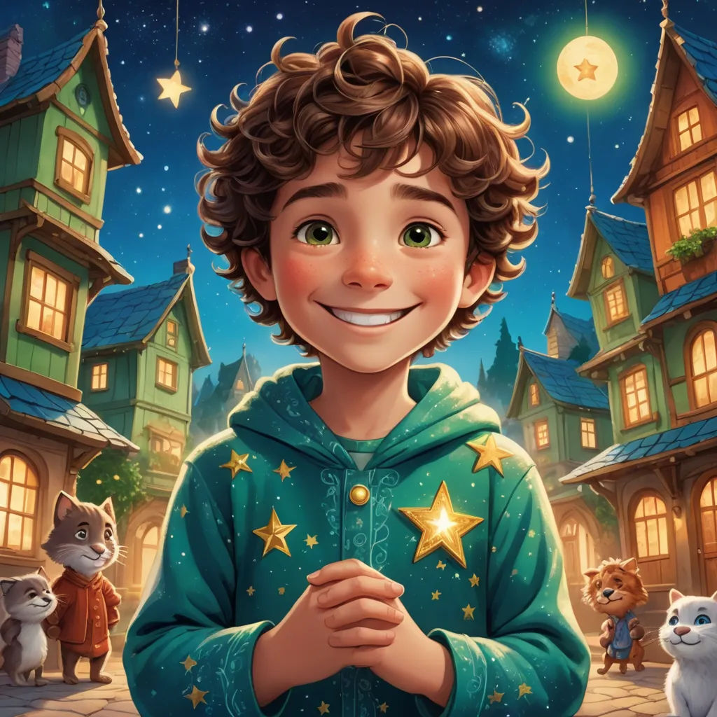 a boy in a green jacket standing in front of a cat and a house with stars on it and a full moon in the sky, fantasy art, a storybook illustration, Aaron Jasinski, key art