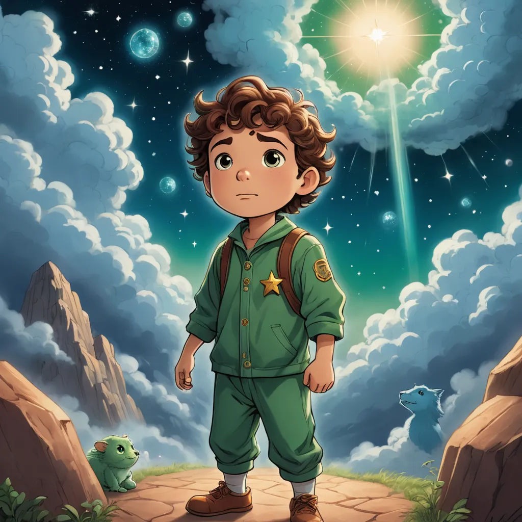 a boy in a green uniform standing on a path with a frog in the background and a star in the sky, space art, a storybook illustration, Aaron Jasinski, trending on art station