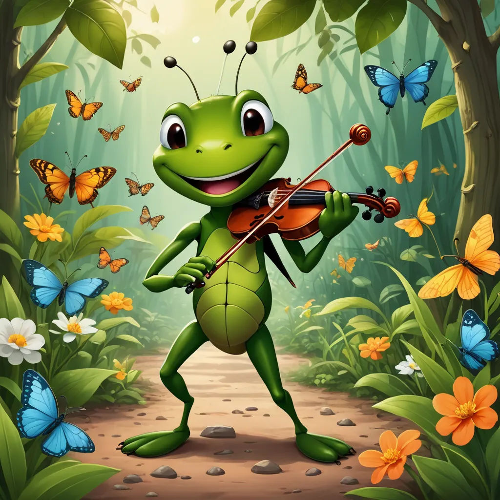 a frog playing violin in the forest with butterflies around him illustration by alex krapfke for children, ecological art, a storybook illustration, Andries Stock, storybook illustration