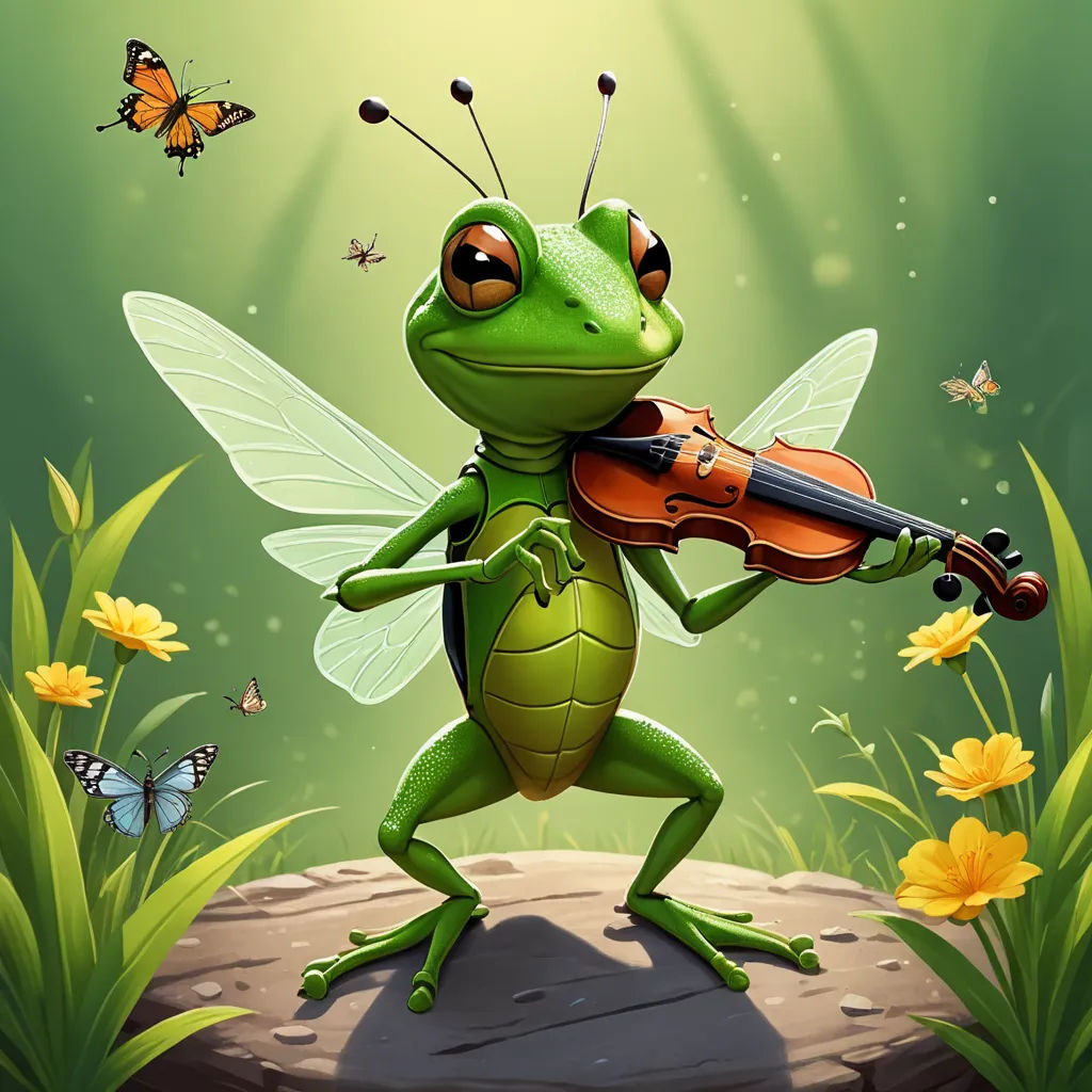a frog playing a violin in a field of flowers and butterflies with a butterfly in the background and a butterfly in the foreground, fantasy art, a storybook illustration, Andries Stock, highly detailed digital painting