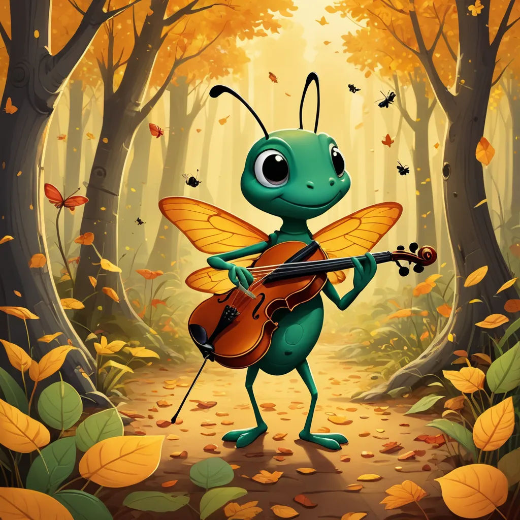 a bug playing a violin in a forest with leaves on the ground and a butterfly on the ground behind it, fantasy art, a storybook illustration, Cliff Childs, fireflies