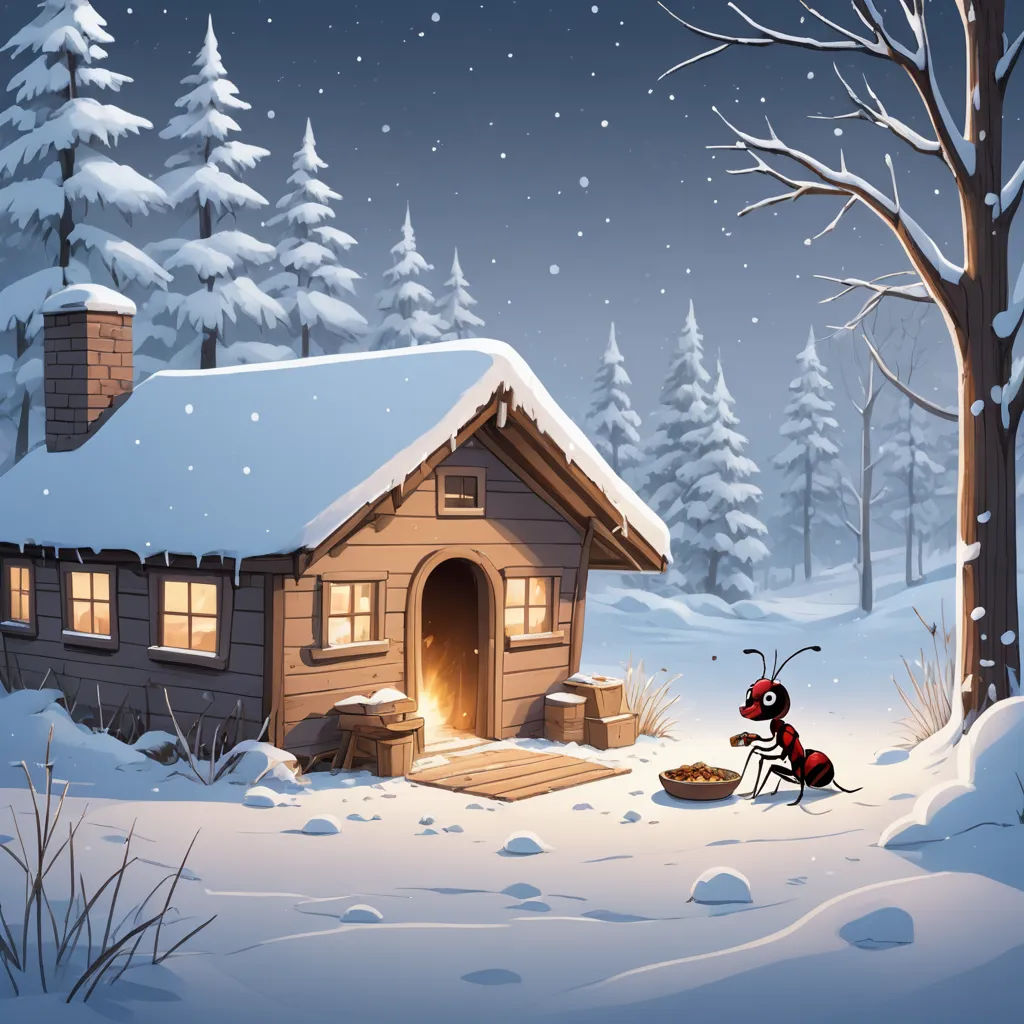 a cartoon of a house in the snow with a ant in front of it and a fire place in the middle, naive art, a storybook illustration, Chris LaBrooy, storybook illustration