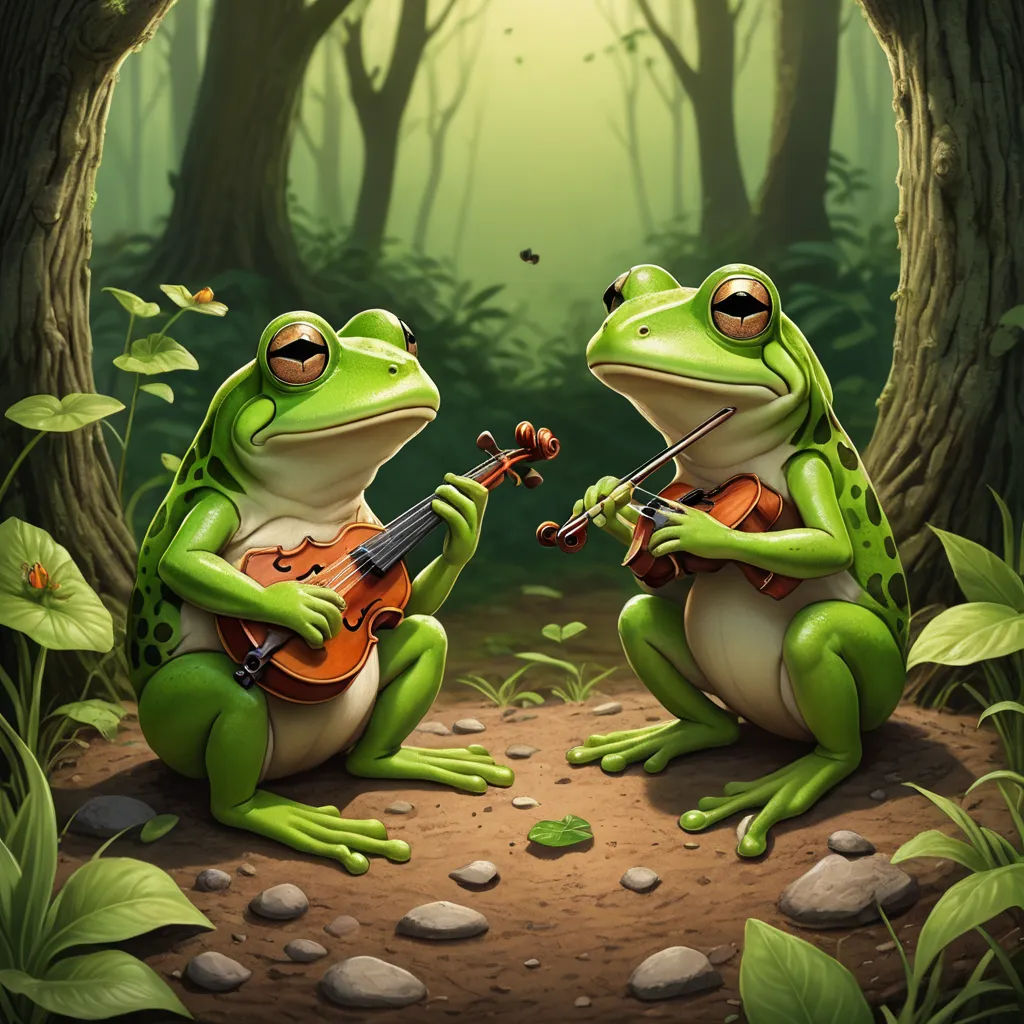 two frogs playing violin in a forest with butterflies flying overhead and a butterfly hovering above them, with a green background, fantasy art, a storybook illustration, Andries Both, highly detailed digital painting