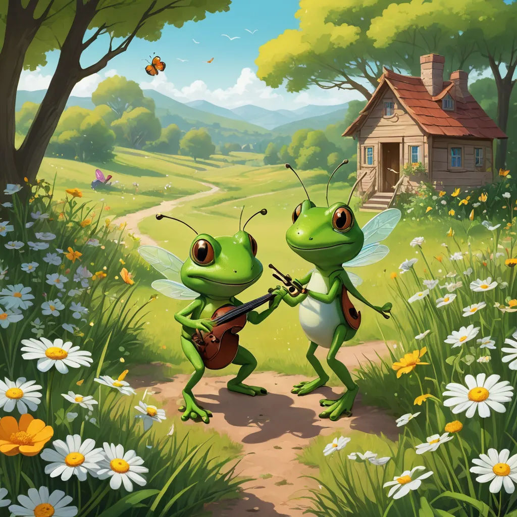 two green frogs playing violin in a field of flowers and daisies with a house in the background and a butterfly flying overhead, fantasy art, a storybook illustration, Chris LaBrooy, storybook illustration