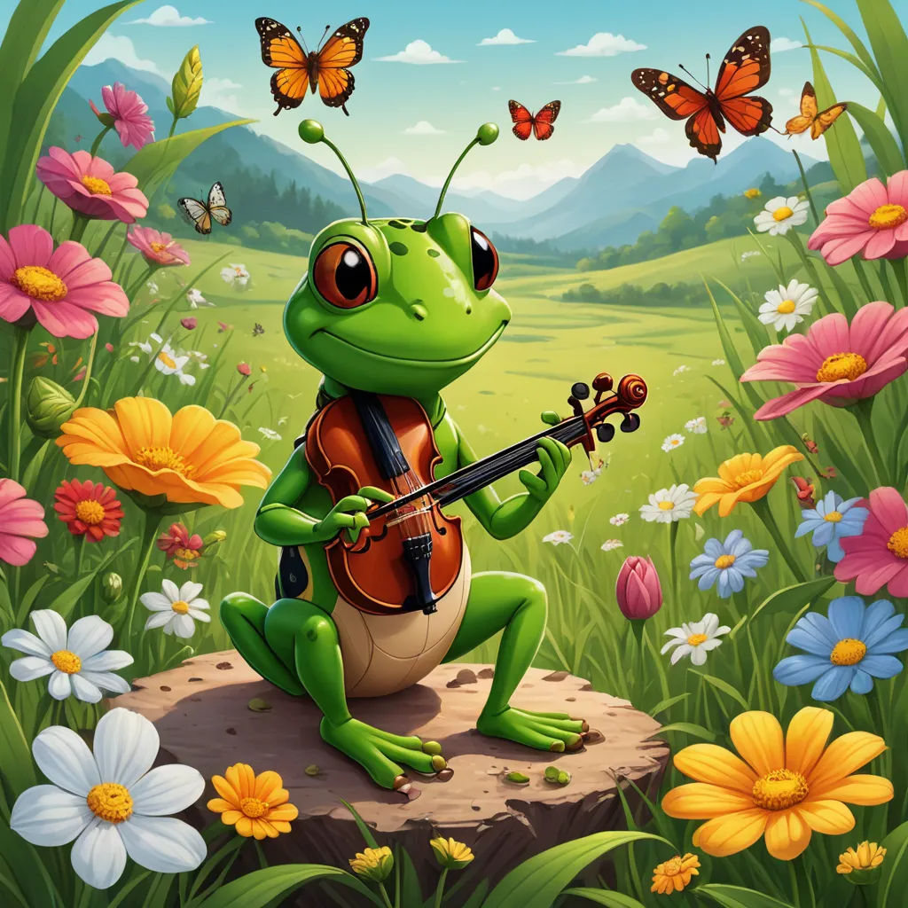 a frog playing a violin in a field of flowers and butterflies with a butterfly in the background illustration by alex krawc, fantasy art, a storybook illustration, Andries Stock, highly detailed digital painting