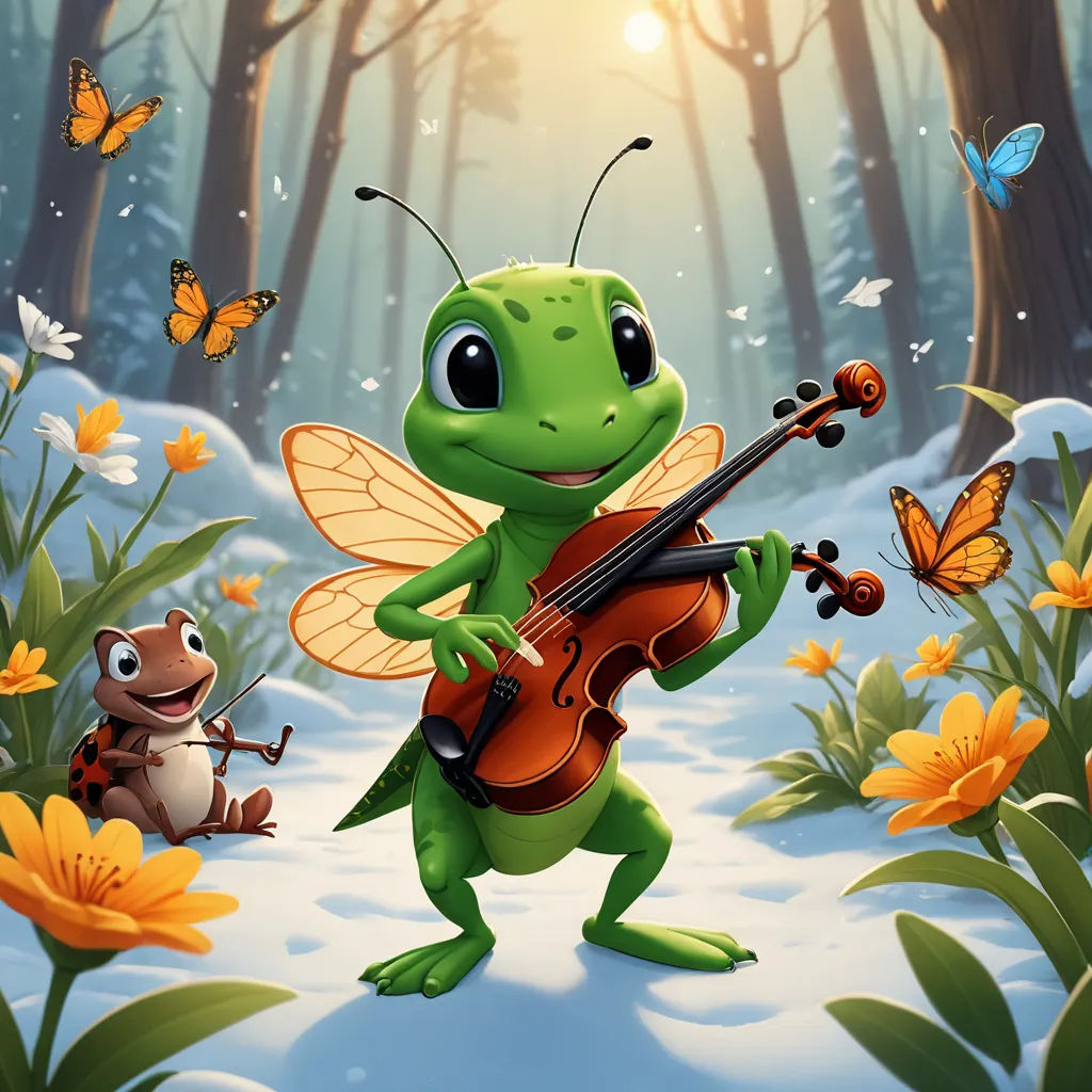 a cartoon frog playing a violin in the snow with a mouse nearby in the woods with butterflies and flowers, fantasy art, a storybook illustration, Chris LaBrooy, promotional image