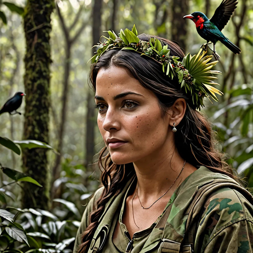 a woman in a forest with a bird on her head and a bird on her head, with a bird on her head, primitivism, a character portrait, Emma Ríos, promotional image