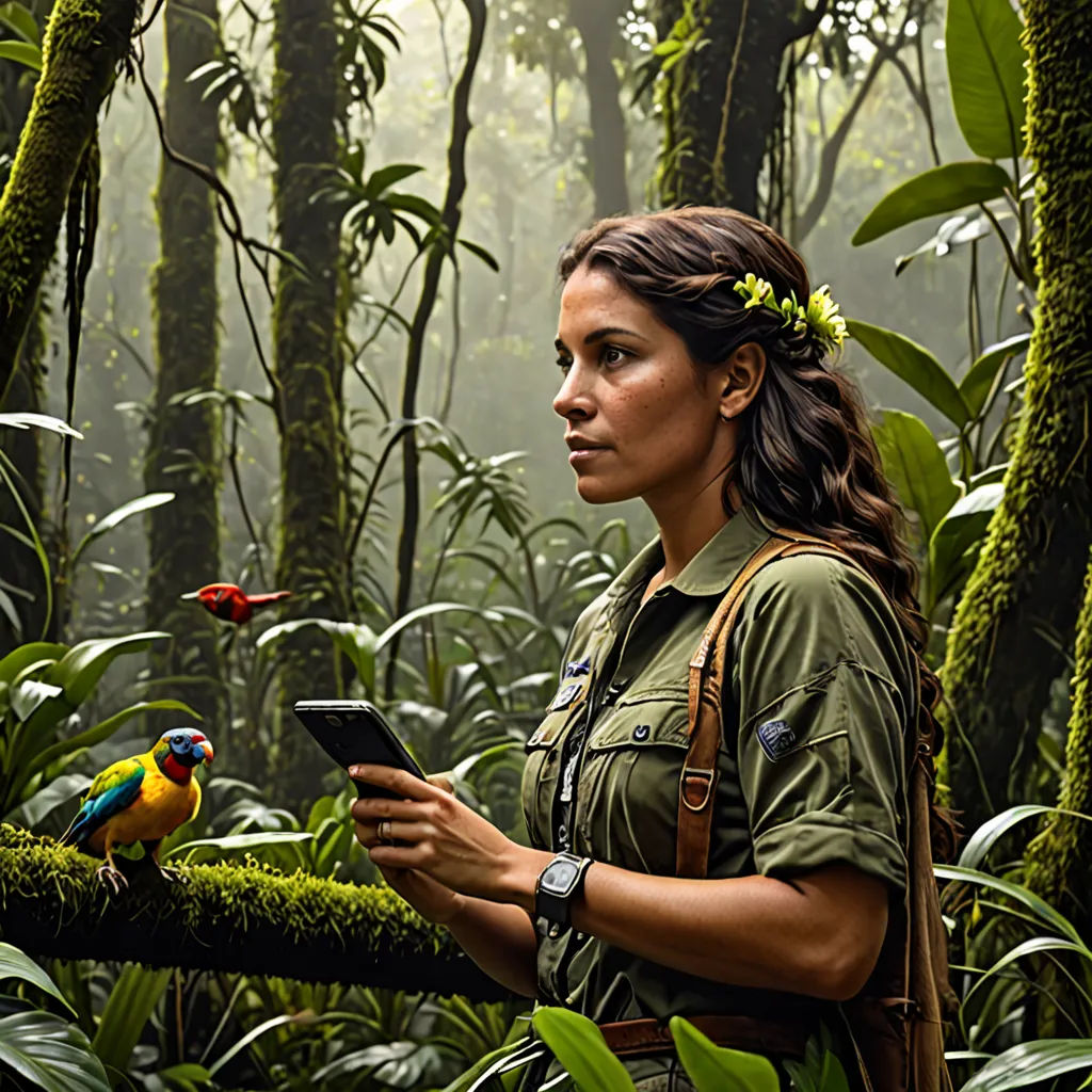 a woman in a jungle holding a cell phone and a bird on a branch in front of her,, environmental art, a character portrait, Amelia Peláez, promotional image