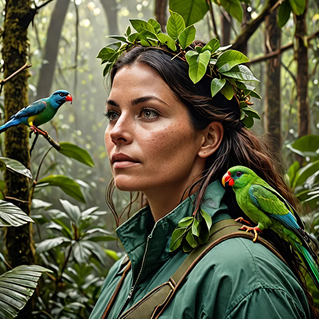 a woman with two birds on her shoulder in the forest with trees and plants around her head and a bird on her shoulder, ecological art, a character portrait, Arie Smit, promotional image