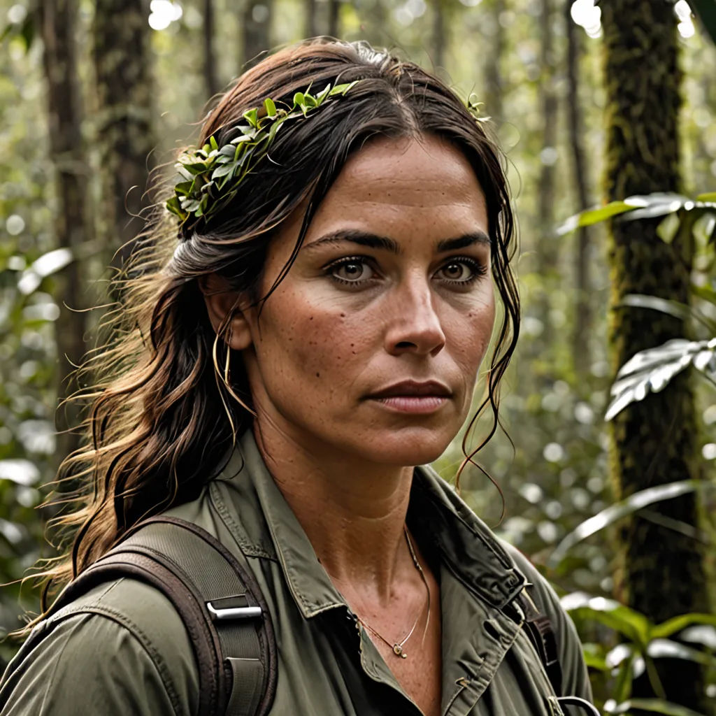 a woman in a forest with a backpack on her shoulder and a wreath on her head, looking at the camera, primitivism, a character portrait, Eva Gonzalès, promotional image