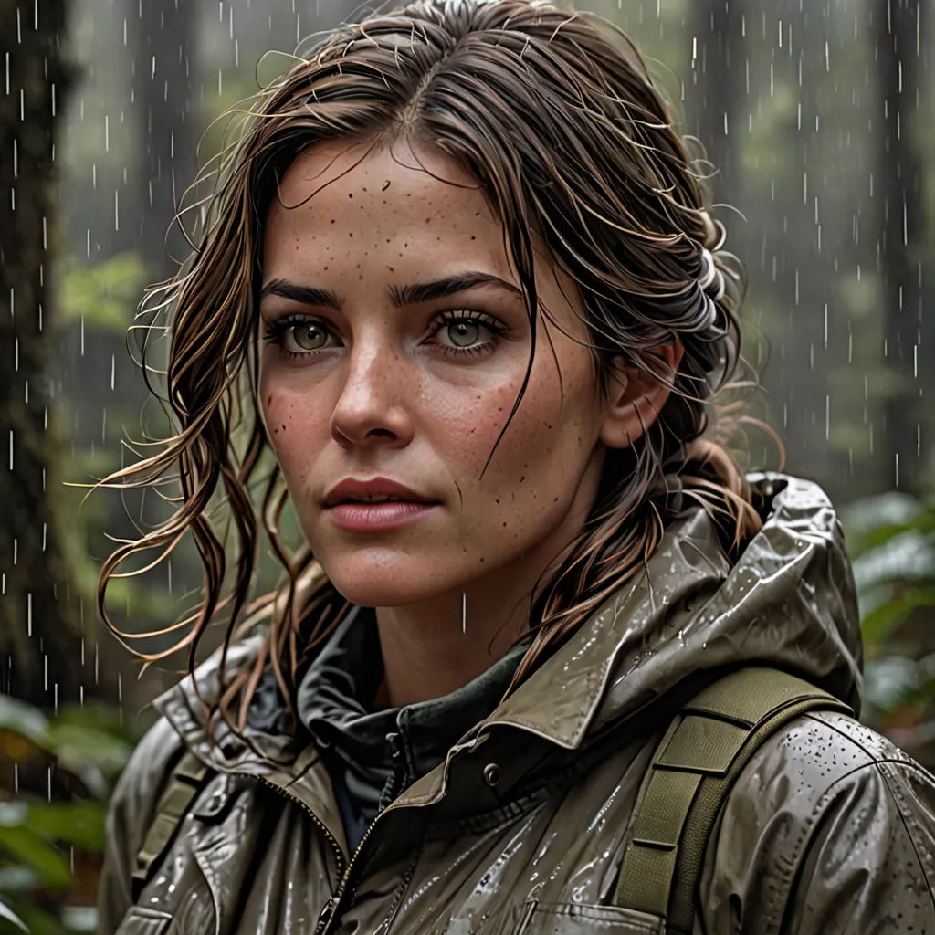 a woman in a raincoat is standing in the rain with her hair in the wind and rain drops falling on her face, computer art, a photorealistic painting, Eve Ryder, promotional image