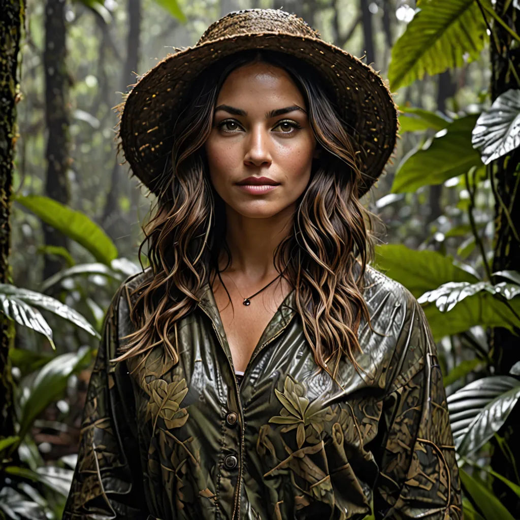 a woman in a hat standing in a forest with trees and plants behind her and a jungle background behind her, private press, a character portrait, Aramenta Dianthe Vail, promotional image