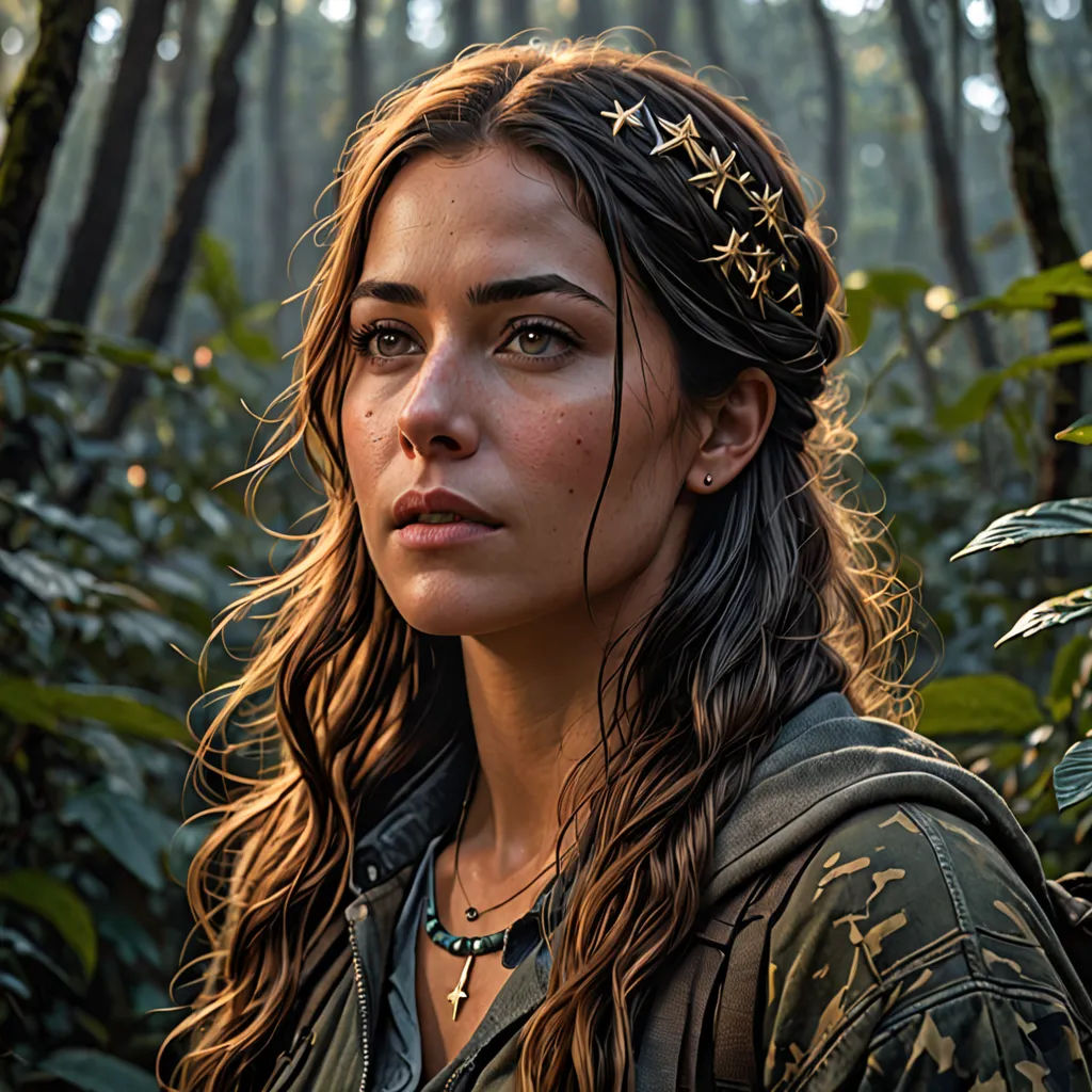 a woman with long hair and a star headband in a forest with trees and plants in the background, sumatraism, a character portrait, Dave Melvin, maya