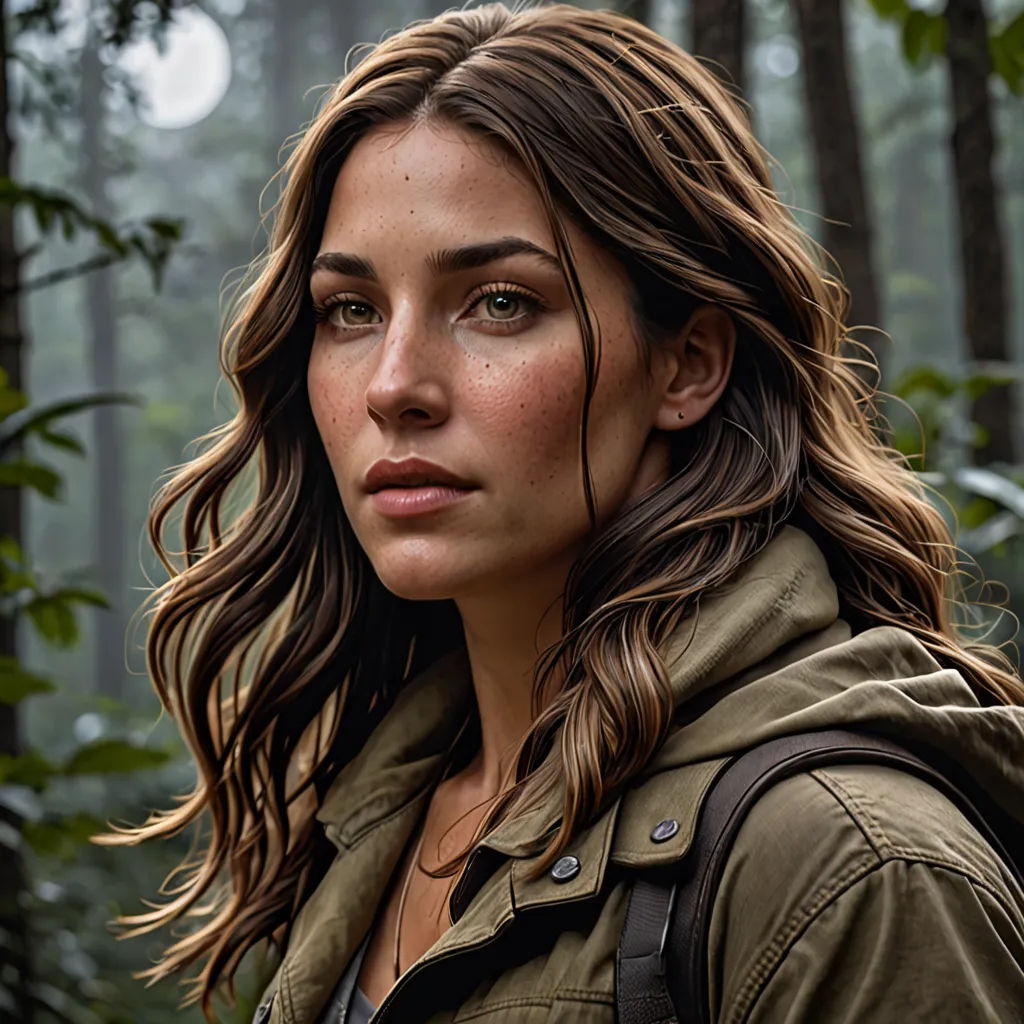 a woman with a backpack in a forest looking at the camera with a serious look on her face and shoulder, photorealism, a poster, Barbara Greg, promotional image