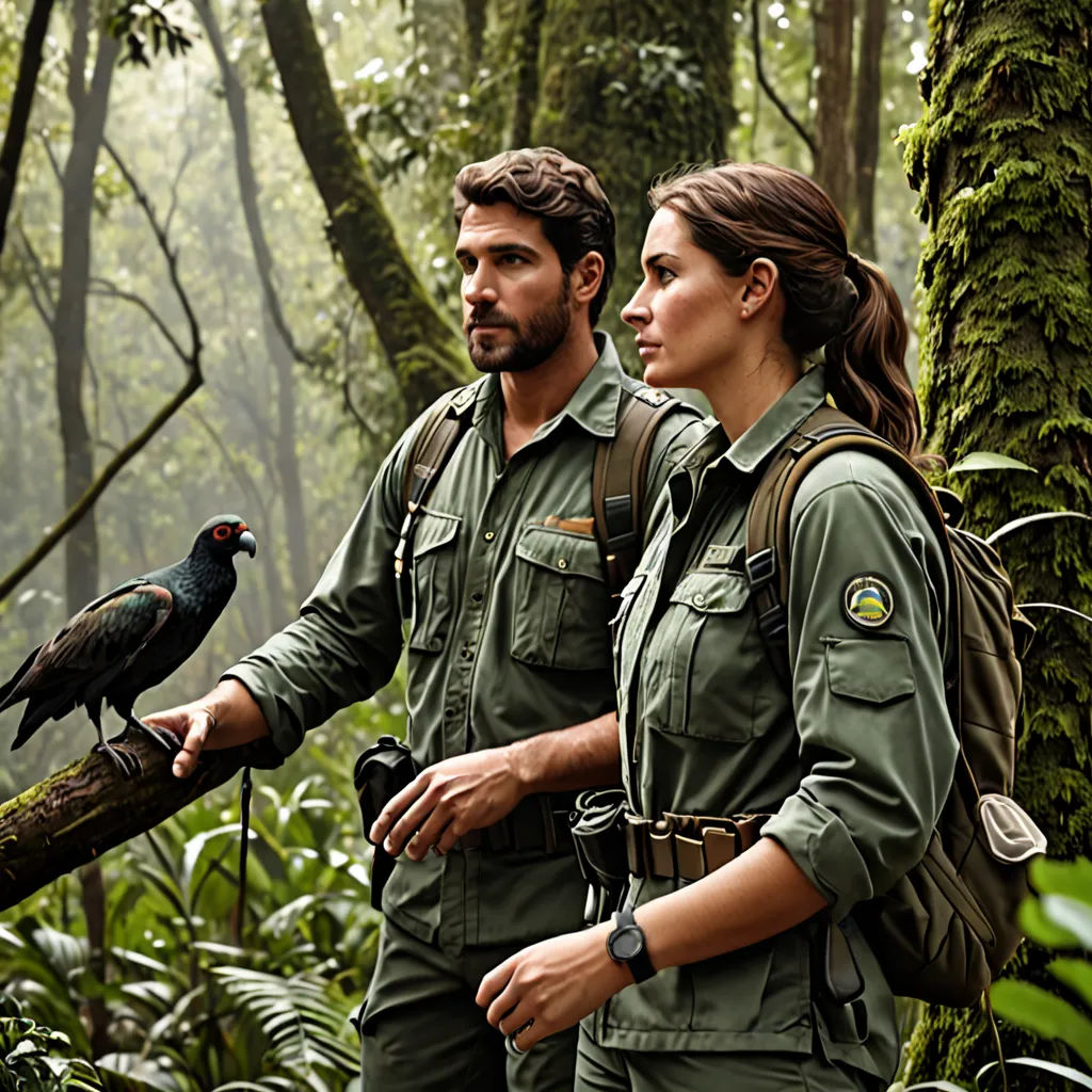 a man and a woman in the woods with a bird on a branch in front of them, and a bird on a branch in the foreground, primitivism, a stock photo, Christian Hilfgott Brand, promotional image