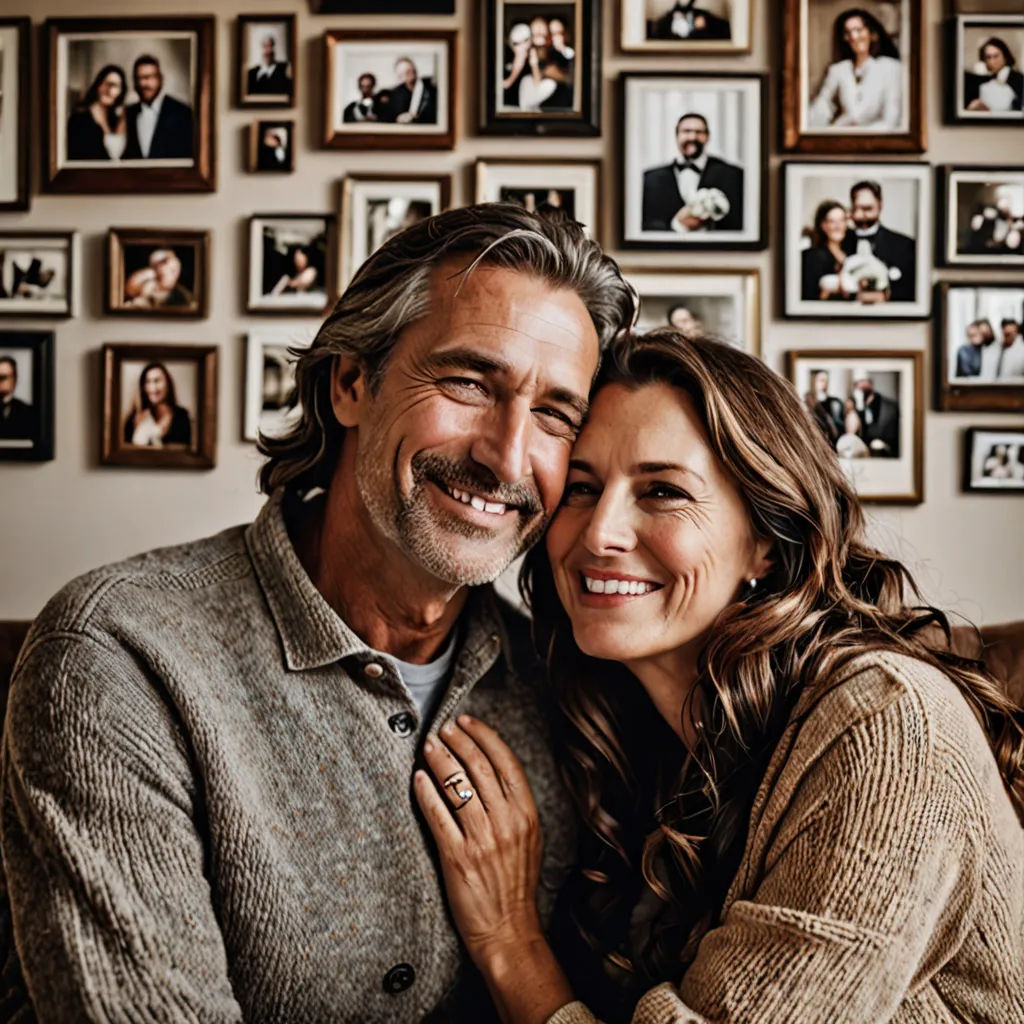 a man and woman hugging each other in front of a wall of pictures and photos on the wall of a room, arts and crafts movement, a stock photo, Dan Scott, portrait photography
