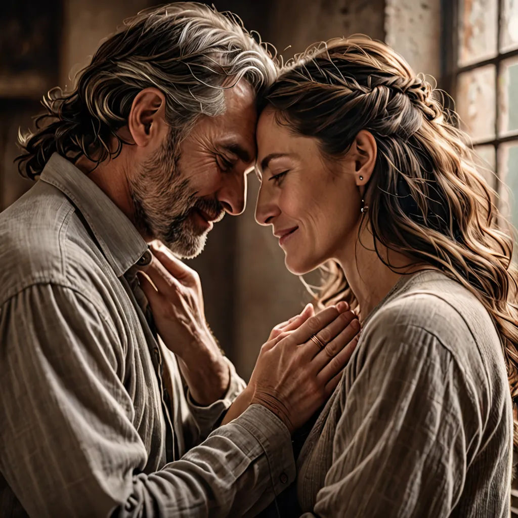 a man and a woman are standing together and smiling at each other while they are touching their foreheads, neo-romanticism, a poster, Araceli Gilbert, promotional image