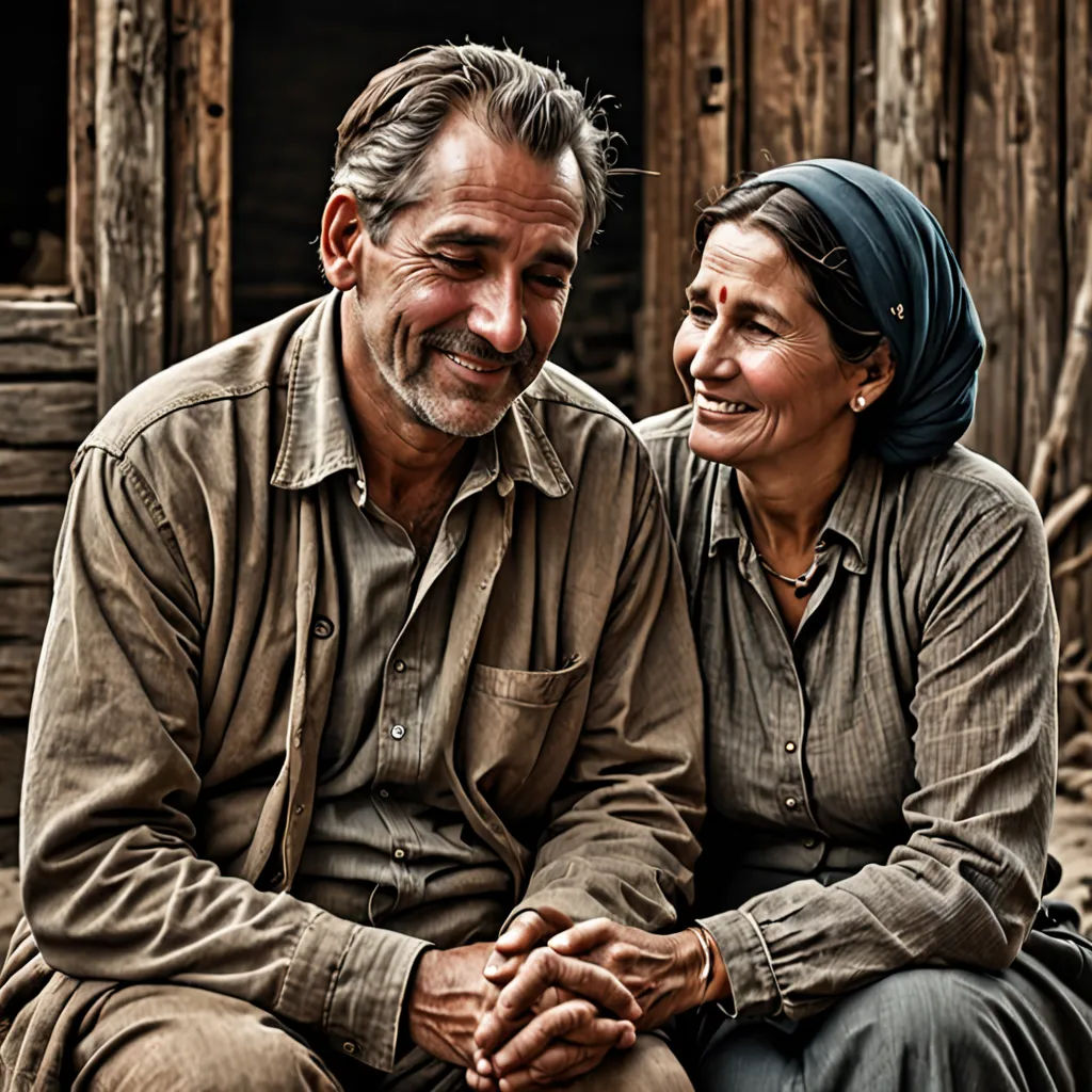 a man and woman sitting next to each other on a bench in front of a building with wooden sidings, art photography, a stock photo, Fikret Muallâ Saygı, portrait photography
