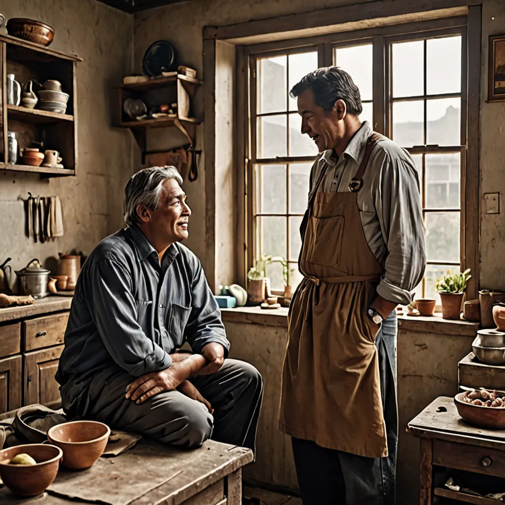 two men in a kitchen with pots and pans on the counter and a window behind them, one of them is looking at another man, arts and crafts movement, a still life, Annie Leibovitz, promotional image