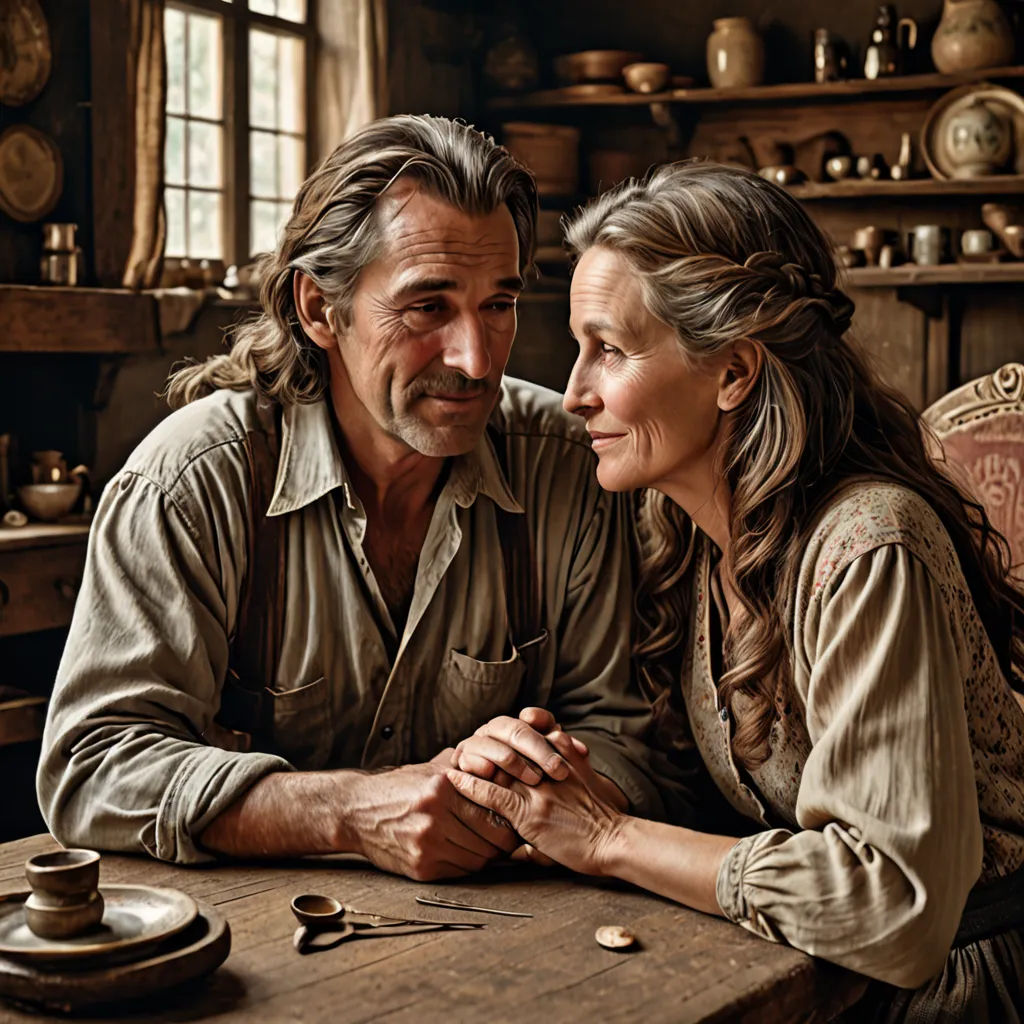 a man and woman sitting at a table together in a room with many items on the table and a clock on the wall, american romanticism, a still life, Annie Leibovitz, promotional image