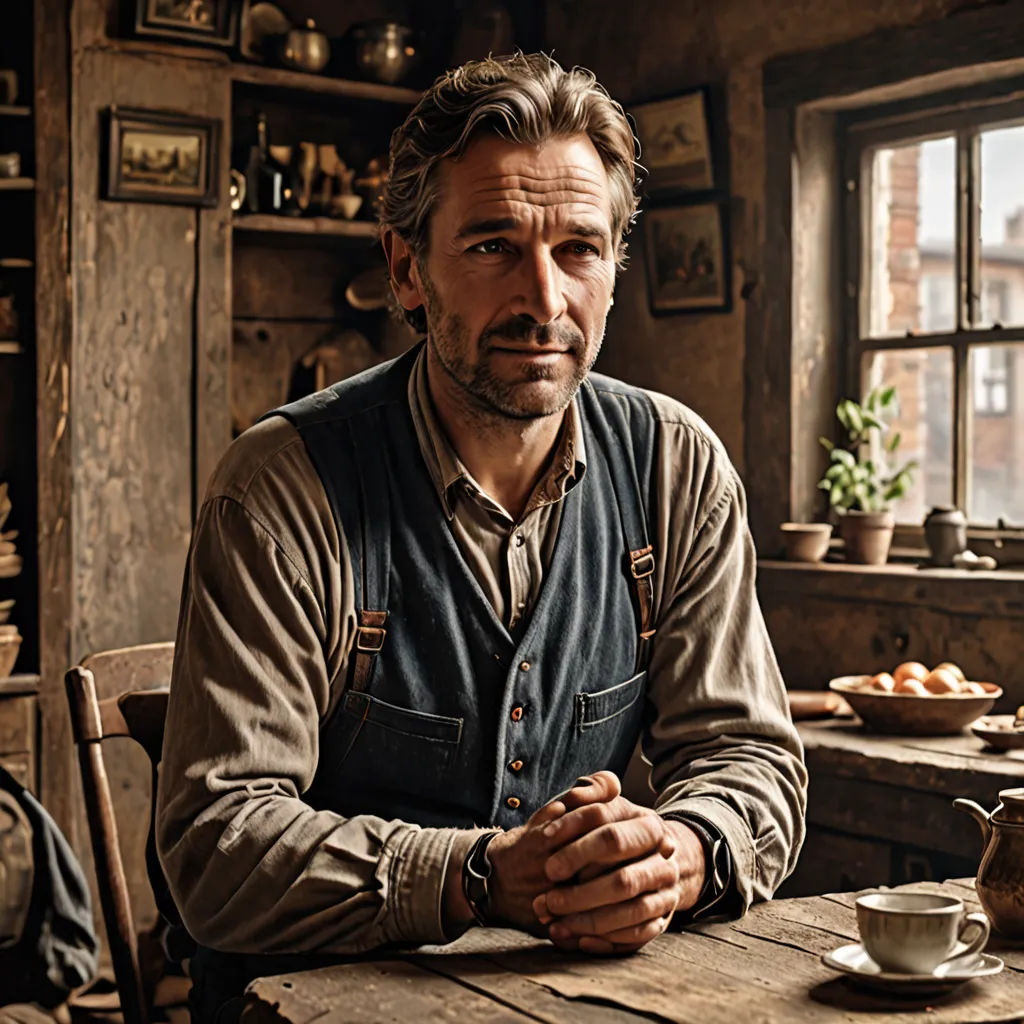 a man sitting at a table in a rustic kitchen with a window behind him and a cup of coffee on the table, arbeitsrat für kunst, a character portrait, Alexander Jansson, promotional image