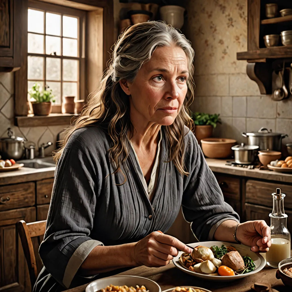 a woman sitting at a table with a plate of food in front of her and a bottle of milk, american realism, a still life, Anne Said, promotional image