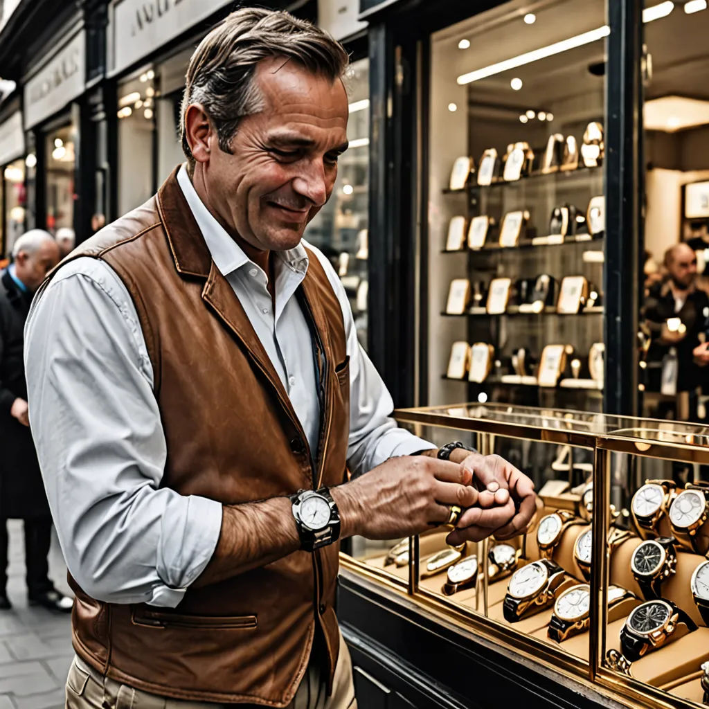 a man looking at a watch in a store window display case with people looking at it and a woman looking at it, arts and crafts movement, a stock photo, Christian Hilfgott Brand, jewelry