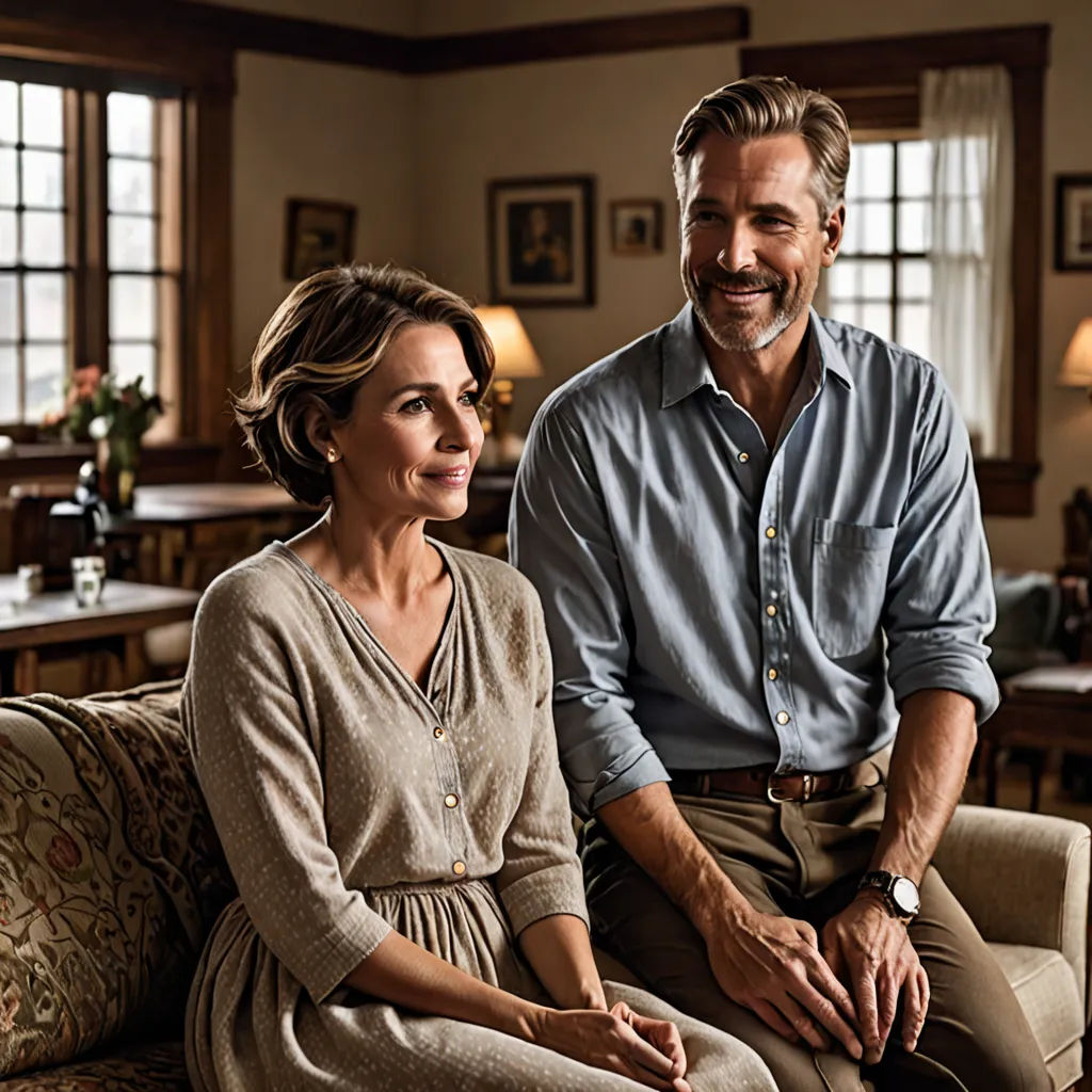 a man and a woman sitting on a couch in a living room together, smiling at the camera,, arts and crafts movement, a character portrait, Brenda Chamberlain, promotional image