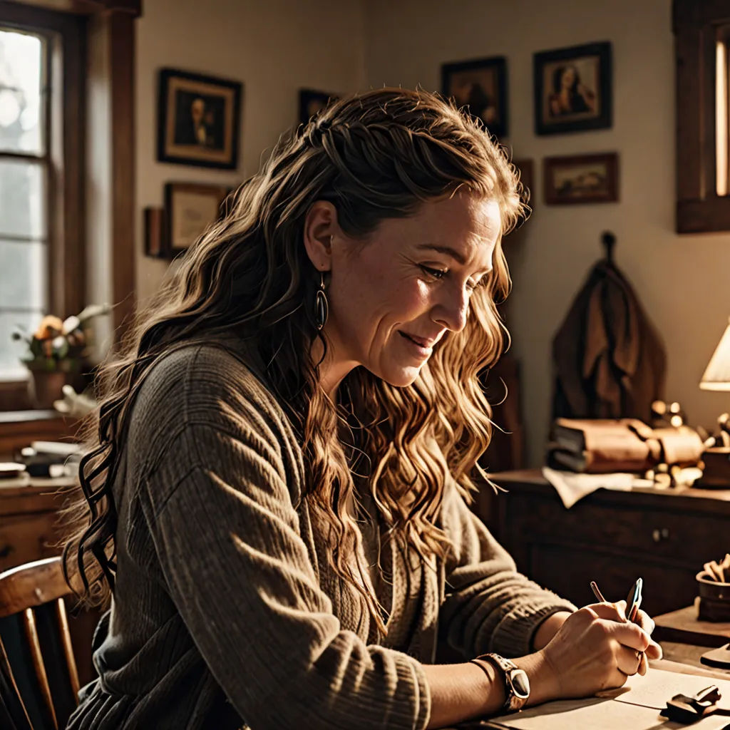 a woman sitting at a desk writing on a piece of paper with a lamp on top of it and a lamp on the side, arts and crafts movement, a character portrait, Anne Said, promotional image