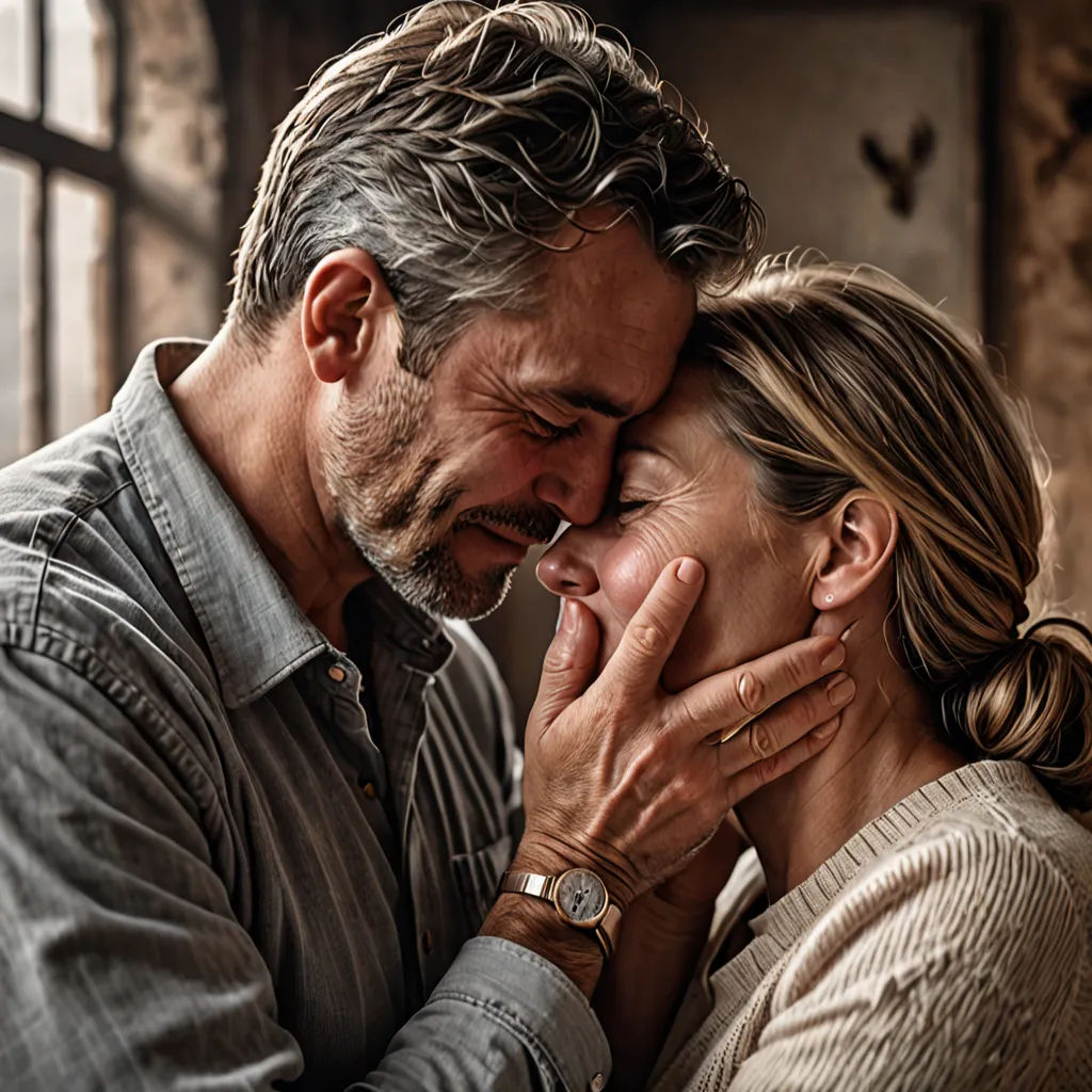 a man and woman are touching each other's foreheads in a rustic setting with a window behind them, art photography, a stock photo, Daniel Lieske, portrait photography