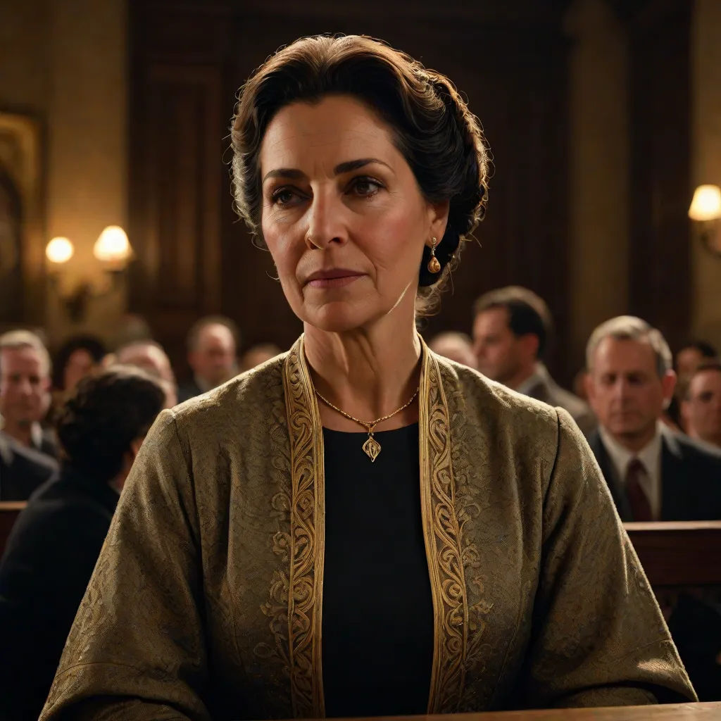 a woman sitting at a table in front of a group of people in a courtroom with a microphone in her hand, serial art, a character portrait, Ancell Stronach, promotional image