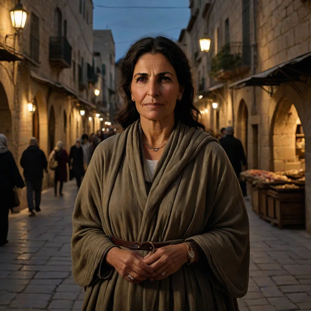 a woman standing in an alley way with a light on above her head and a crowd of people walking around, dau-al-set, a character portrait, Eva Gonzalès, promotional image