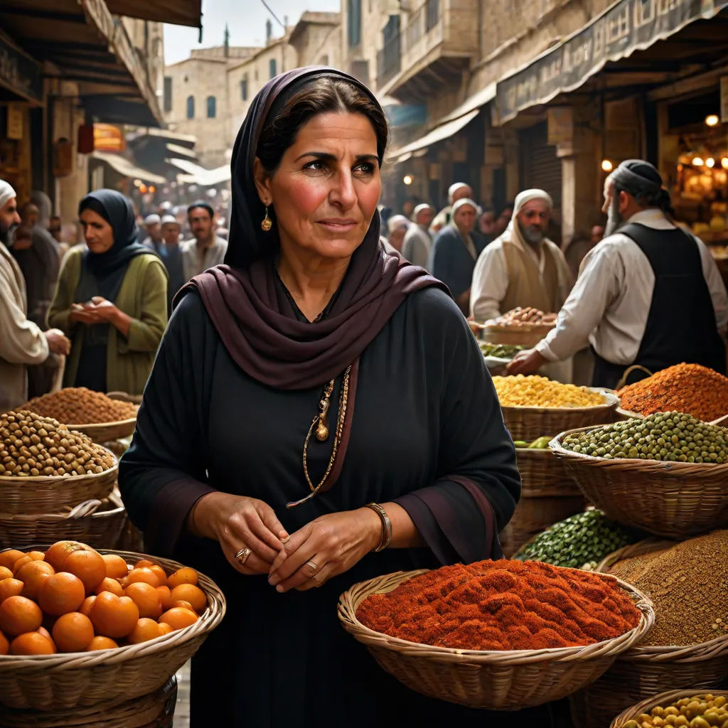 a woman standing in a market with baskets of fruit and vegetables in front of her and people in the background, magical realism, egyptian art, Eva Gonzalès, cinematic photography