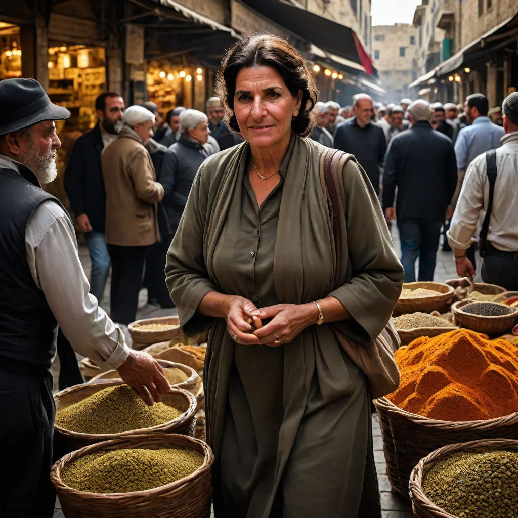 a woman standing in a market with baskets of food in front of her and a man standing next to her, les automatistes, a character portrait, Ahmed Yacoubi, orientalism
