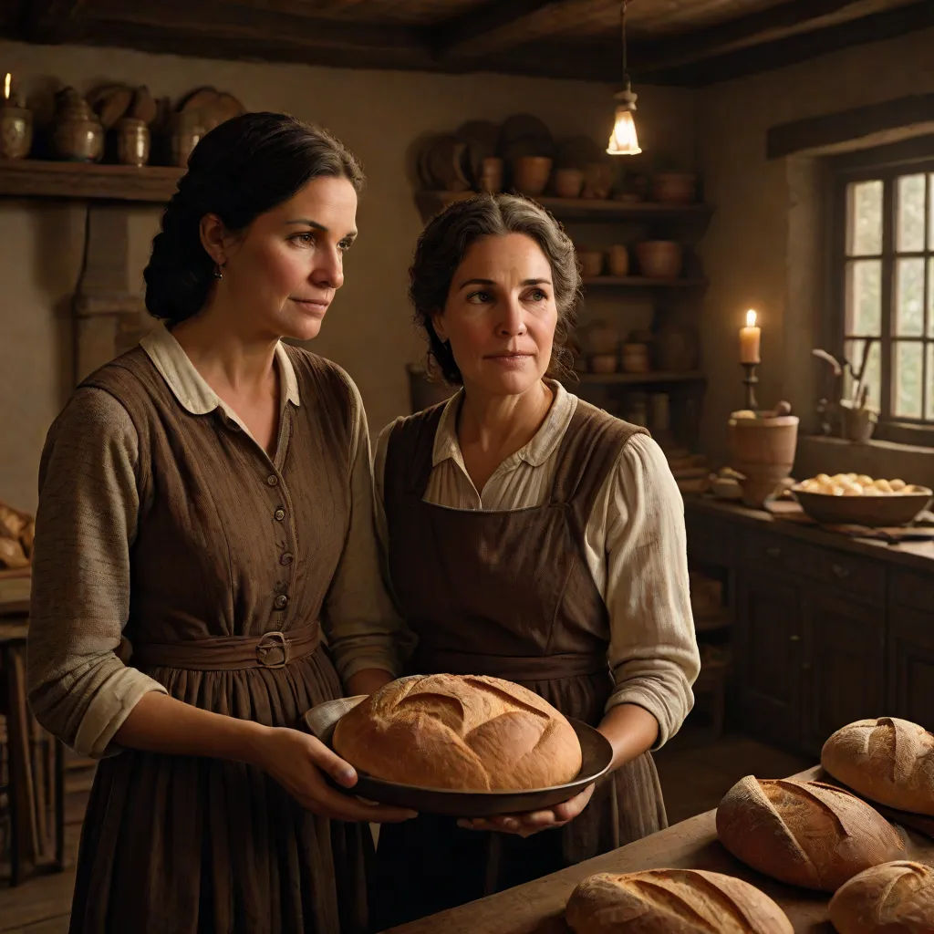two women holding a plate of bread in a kitchen with a lot of bread on the counter and a lot of bread on the counter, arts and crafts movement, a poster, Anne Said, promotional image