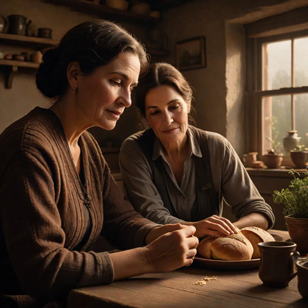 two women sitting at a table with a plate of food in front of them and a potted plant, american scene painting, a still life, Anne Said, promotional image