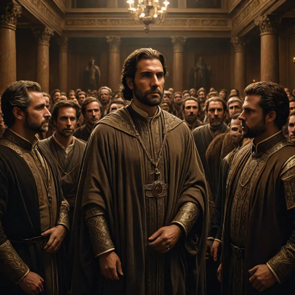 a group of men standing in a room with a chandelier above them and a chandelier hanging from the ceiling, antipodeans, a renaissance painting, Eugenio de Arriba, renaissance painting